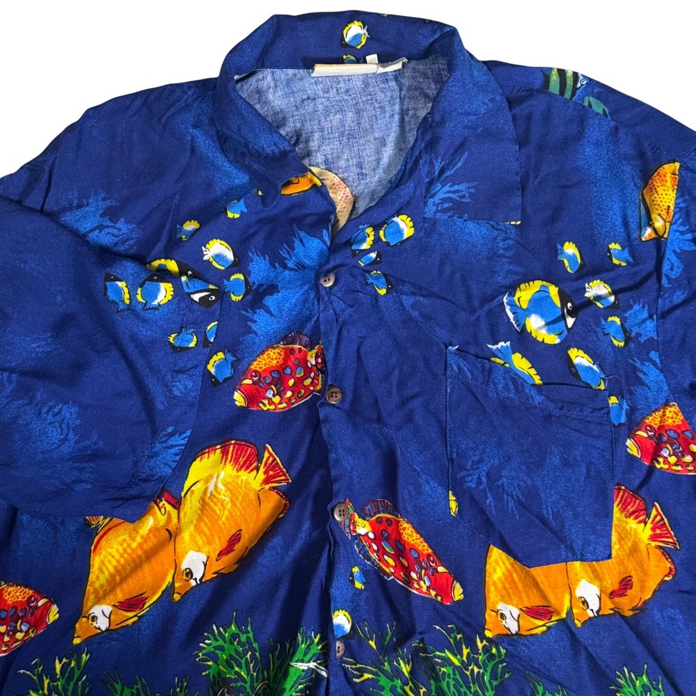 Sun n Sand Mens L Blue Tropical Fish Aquarium Shirt‎ Hawaiian Aloha Camp Vintage
